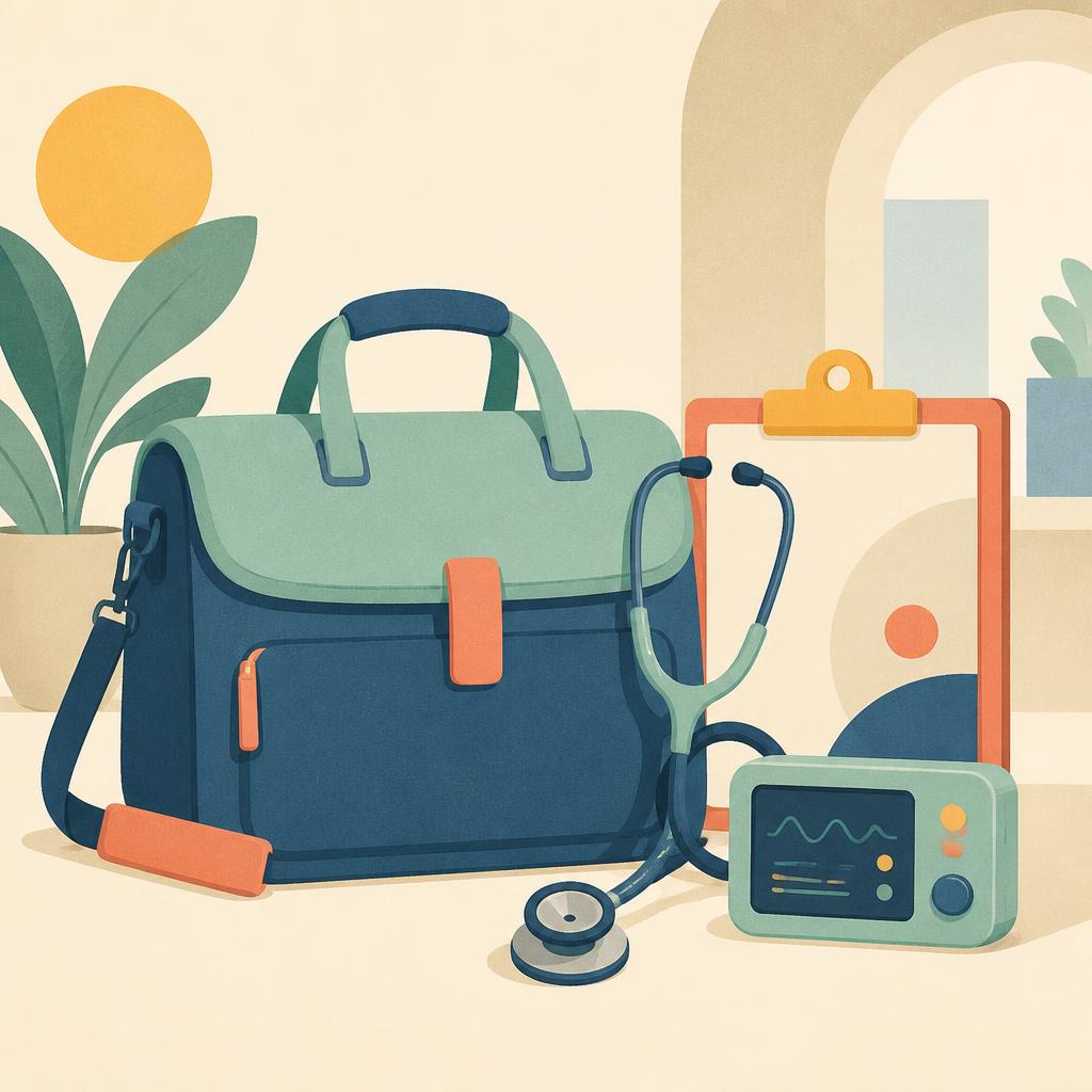 A medical bag, stethoscope, clipboard and monitor arranged for a mobile visit