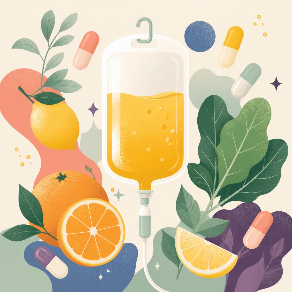 An IV vitamin bag surrounded by fresh fruit, leaves and capsules