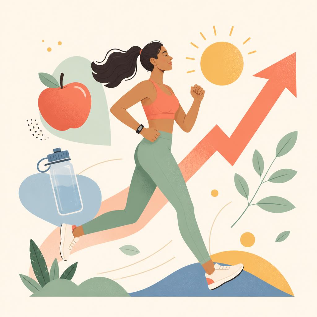 A person jogging outdoors with an apple, water bottle and rising arrow